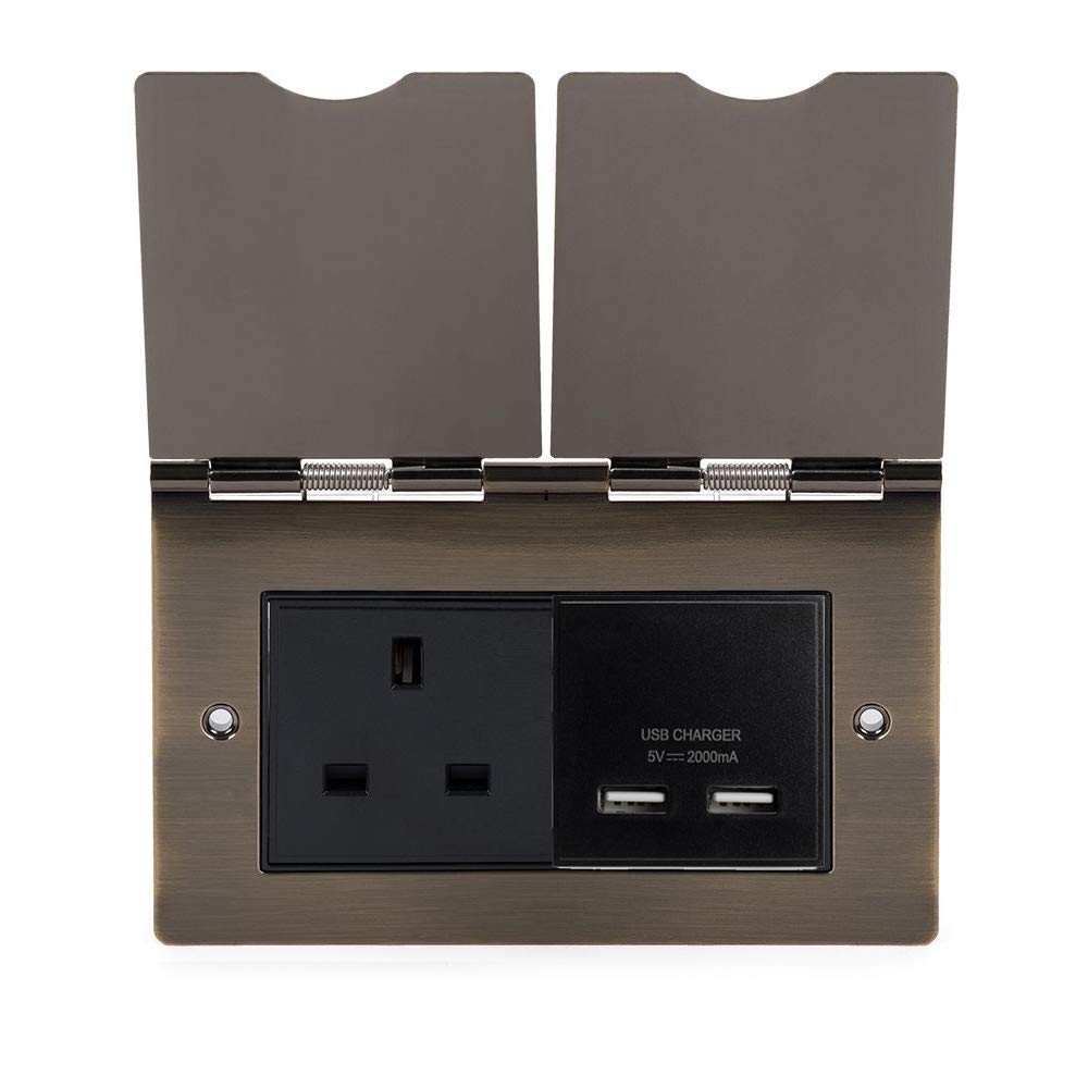 Soho Lighting Black Antique Brass Screwless Double Floor Outlet 13A Socket & Usb Charger - Size: H 86Mm X W 146Mm