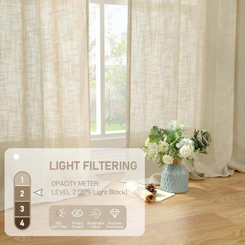 LAMIT 30 Inch Cafe Linen Curtains for Kitchen Window, Semi Sheer Light Filtering Short Curtains Back Tab and Rod Pocket Neutral Drapes for Bathroom/Basement, 2 Panels, Linen, 34 x 30 Inch