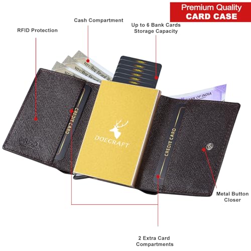 Image of Men's Genuine Leather RFID Wallet | Premium Slim Red Wallet for Men with Deer 3D Print | 8 Card Slots Secure and Durable | Casual Stylish | Formal & Gifting Use, Golden (SAFIANO /Brown)