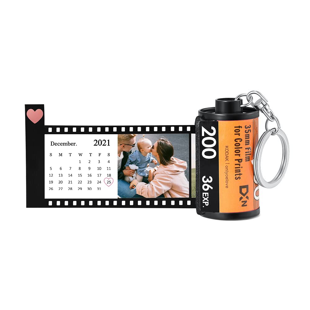Jewelstruck Llavero personalizado con rollo de película fotográfica, llavero de cámara de fotos personalizado, regalos para novio, pareja, mejor amiga, 14 Fotos+calendario, 47*25mm