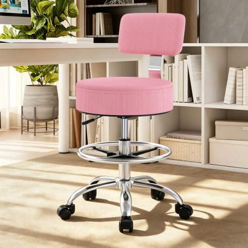 Image of Office Drafting Chair with Footrest, Tall Height Adjustable Stool with Back Support, Heavy Duty Rolling Stool Chair with Wheels for Office Home Kitchen Bar Shop Guitar Studio Vanity, Pink