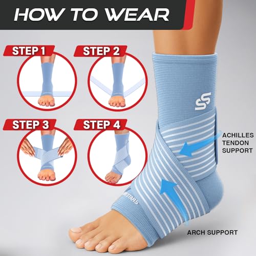 Sleeve Stars Ankle Brace for Women & Men, Ankle Wrap for Sprain, Compression Sleeve for Plantar Fasciitis Relief, Easy Customizable Support: w/ Removable Strap (Single/M:10'-12'/Light Blue)