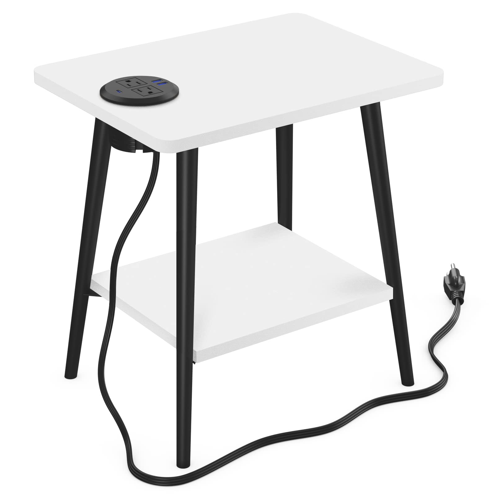 CCCEI Small Side Table with USB-C Fast Charging Station, White Rectangle End Table with Electrical Outlets and USB Ports, for Small Spaces, Bedside, Couch.