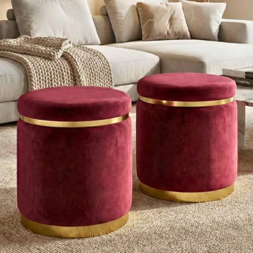 Image of Decorative Ottoman Pouffes for Sitting - Two-Piece Set of Puffy Stools and Footstools - Round Ottoman Stool for Living Room Furniture (Maroon)