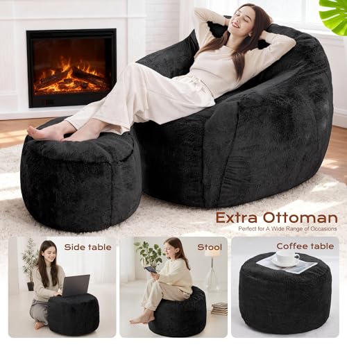 Image of Homguava Giant Bean Bag Chairs for Adults,Large Bean Bag Couch with Ottoman | Big Beanbag Chair with Memory Foam Filled,Oversized Bean Bag Sofa,Faux Fur Floor Sofa Chair for Bedroom Living Room-Black