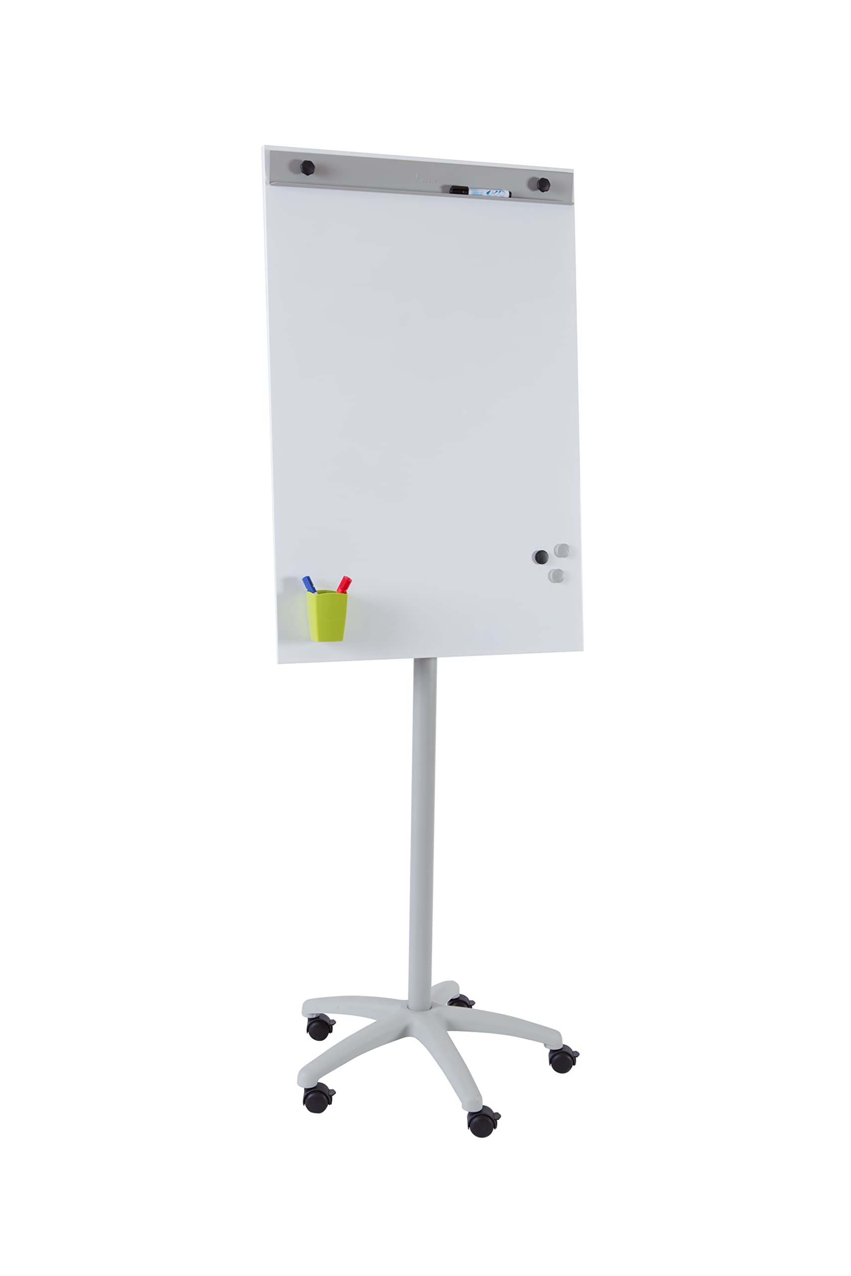 ROCADA, Lavagna a fogli mobili su ruote, 67 x 62 x 181 cm, economica, con porta carta e base a stella, lavabile a secco, bianco