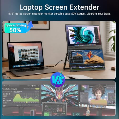 Image of Portable Monitor 15.6 inch Dual Foldable FHD USB-C Laptop Screen Extender | FHD 1080P Ultra-Slim Travel IPS Display with HDR,100% sRGB VESA & Built-in Speakers for Mac Phone PS5 Xbox Switch