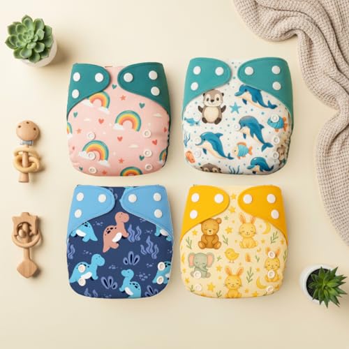 Image of Blushbaby Reusable Cloth Diapers for Babies | 3 Months-3 Years | 4 Washable Diapers with 4 Absorbent Insert Pads | Adjustable, Leakage Proof | 5-18kg - Dino, Dolphin, Beer, Rainbow