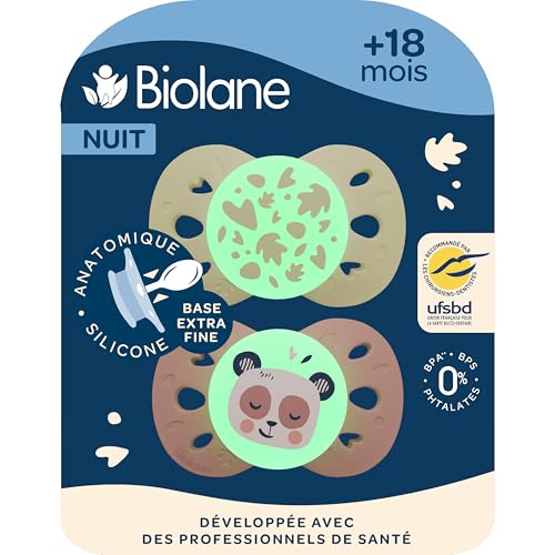 BIOLANE - Tétines anatomiques de nuit - Sucettes phosphorescente extra-fines - 18 mois et plus - Rose et Beige - Téterelle plate et réversible - Respect du...