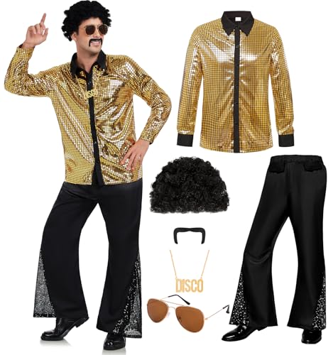 Bordazor Mens 70s Disco Shirt Outfit Men Sequin Metallic Long Sleeve Button Shirts Disco Outfits...
