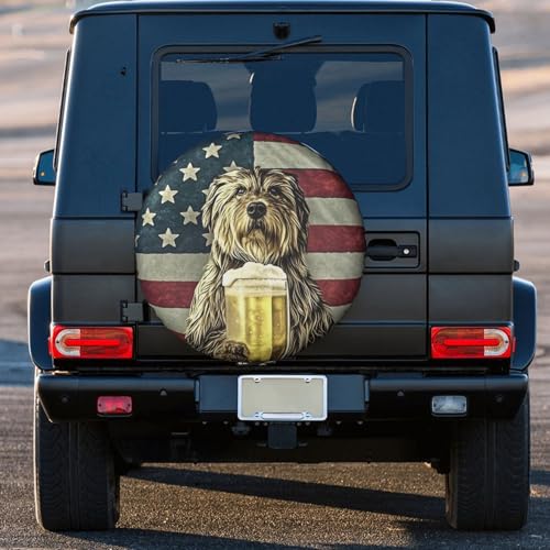 Image of American Flag Funny Schnauzer Dog Drinking Beer Spare Tire Cover Wheel Protectors UV Resistant Universal Fit for SUV Truck Rv Trailer Camper Travel 15 inch