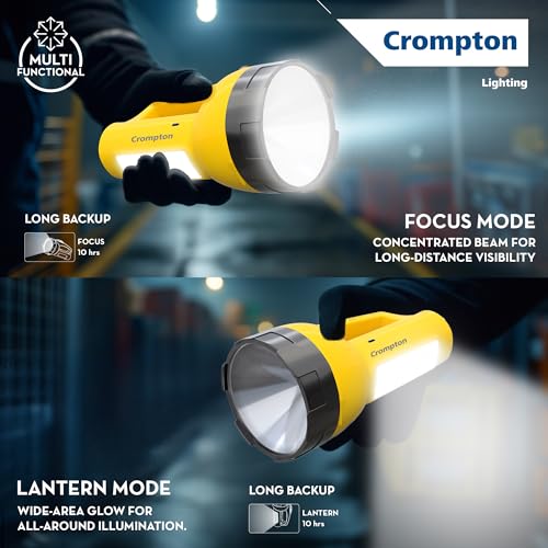 Image of Crompton Rakshak Edge 5W LED Torch Light | Dual Mode Focus & Lantern | Dual Li-Ion Battery | 3-5 Hours Battery Backup | USB-C Fast Charging | Multi-Functional Rechargeable Torch for Home & Emergency