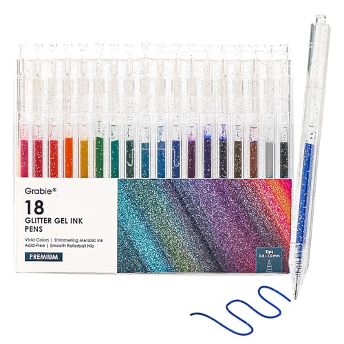Grabie Glitter Gel Pens, 18 Colors Glitter Pens for Adult Coloring Books, Journaling, Drawing, Scrapbooking and DIY Crafts, Retractable Gel Ink Pens for Art and Work