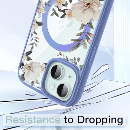 Image of VONZEE Compatible with iPhone 15 Plus Case Luxury Retro Flowers Floral Clear for Magnetic Wireless Charging Case Shockproof Case PC+TPU Cute Glossy Shiny Cover for Girls Women, 6.7'' Official Blue