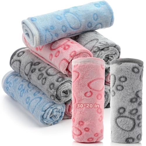 Tegeme 12 Pieces Pet Blanket Soft Fleece Dog Fluffy Doggie Warm Felt Throw Spring Cute Paw Print Puppy Kitten Sleep Mat Bed Covers for Cat (30 x 20 Inch,Pink,Gray,Blue)