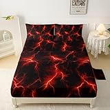 QOOMO Red Lightning Fitted Sheet Set Full Size,Modern Neon Glowing Bedding Set for Kids Boys Girls Teens,Comfy Breathable Cooling Sheet Sets,1 Fitted Sheet, 1 Flat Sheet, 2 Pillow Cases