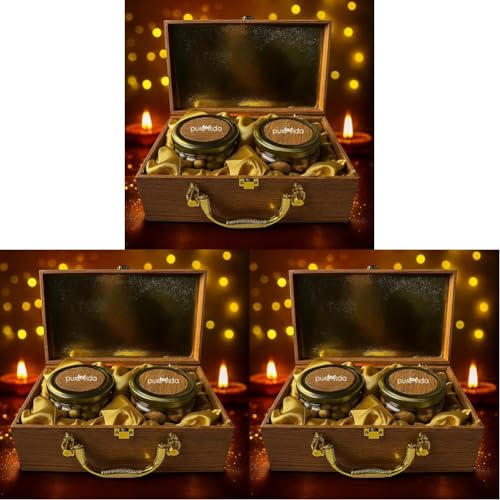 Image of Purevida Premium Wooden Dry Fruits Gift Box - Luxury Christmas & New Year Hamper with Almonds & Cashews in Glass Jars | Festive & Corporate Gifting Wooden Box with Gold Handle (Pack of 3)