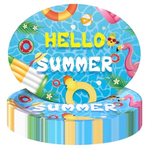 KEPATO 25 Pack Big Summer Pool Plates,12 inch Hello Summer Large Oval Dinner Paper Plate Party Supplies for Beach Ball Pool Birthday Party Cover