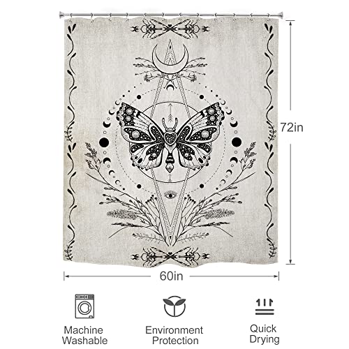 Omifly Vintage Butterfly Shower Curtain 60Wx72H Inch Retro Moth Bathroom Set Black White Gothic Unique Wildflower Moon Phase Floral Goth Sketch Modern With 12 Hooks Fabric Waterproof Accessories Decor #TOP3