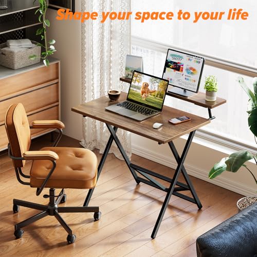 Image of WOHOMO Folding Computer Desk with Adjustable Height, 23.6 inch x 31.5 inch x 25.6 inch Foldable Table with Monitor Stand, Small Office Desk for Bedroom, Space Saving Desk for Home Office, Easy Assemble, Walnut