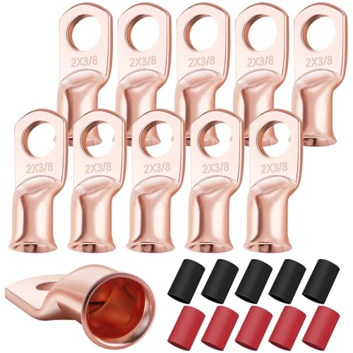 XHF 10PCS 2 AWG-3/8 Heavy Duty Battery Lugs with 3:1 Heat Shrink Tubing, Ring Terminals Battery Cable Ends Copper Eyelets Electrical Battery Connectors
