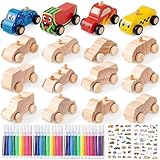 Leyndo 12 Pcs Unfinished Wood Cars to Paint Wooden Painting Crafts, DIY Car Toys with 12 Watercolor Pens & 12 Car Sticker Sheets for Kids Students Home Classroom Woodworking Family Art Activities