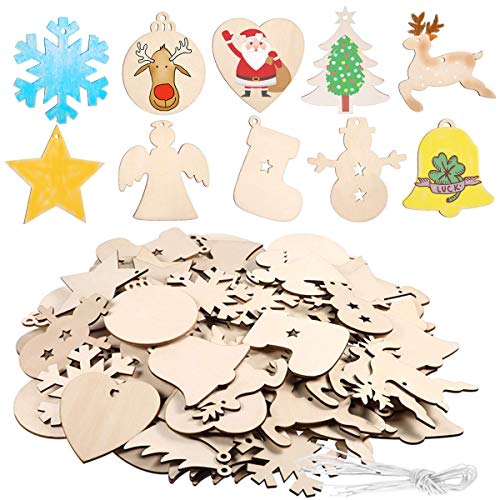 120 Pcs Christmas Wooden Ornaments-10 Shapes Unfinished Wood Slices with Holes for Christmas Tree Ornaments Holiday Hanging Decorations Crafts Centerpieces, DIY Wood Craft Gift for Kids