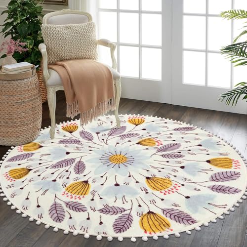 Image of Uphome Round Rug for Bedroom 5.3' Circle Cute Area Rug with Pom Poms Fringe Floral Plant Washable Throw Rugs Non-Slip Soft Floor Mats for Entryway Laundry Living Room Kids Room Nursery, Purple
