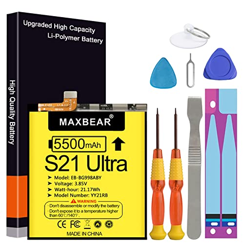 MAXBEAR Galaxy S21 Ultra Battery, (Upgraded) 5500mAh 3.85V Li-Polymer Replacement Battery EB-BG998ABY for Samsung Galaxy S21 Ultra 5G SM-G998B/DS SM-G998U with Repair Tool Kit