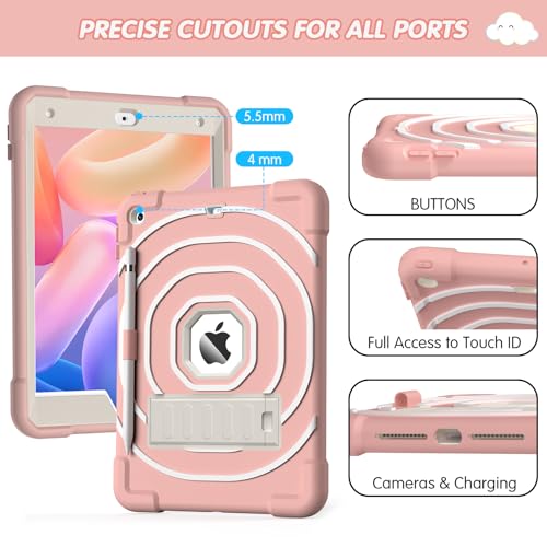 SIBEITU Kids Case for iPad 9th 8th 7th Generation (2021/2020/2019) with Pencil Holder & Kickstand, Slim Heavy Duty Rugged Shockproof Protective iPad 10.2 inch Case for Kids Girls Boys (Pink+White)