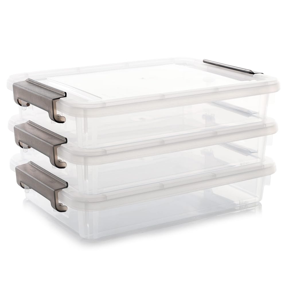 Confezione da 3 contenitori impilabili in plastica trasparente con coperchio a scatto, custodia portatile per documenti e altro ancora