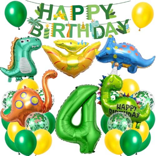 Decoração de aniversário dinossauros 4 anos, XXL balões de dinossauro, balões de aniversário dinossauros 4 anos com bandeira Happy Birthday para crianças, festa dinossauro