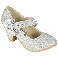 Style Spot (UK 3 Kids, Silver Bow Girls Special Occasion Heeled Shoes Kids Children Diamante Strappy Mid Heel Wedding Party Sandals Dance Party Shoes