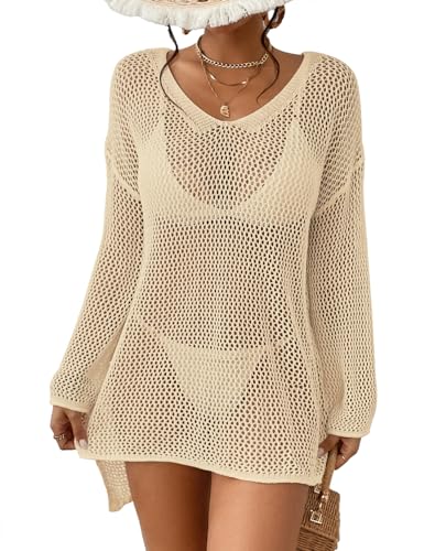 Eddoyee Crochet Dresses for Women Long Sleeve Beach Coverup Sexy Swimwear Knit Pullover Beach Dress Apricot