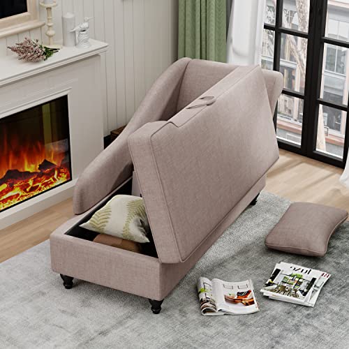 Tan Upholstered Chaise Lounge Chair with Wood Legs for Living Room or Bedroom (Right Arm)