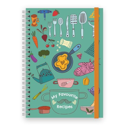 Cuaderno de recetas, diario de recetas, libro de recetas en blanco para crear y organizar tu colección de recetas, encuadernado en espiral A5, 128 páginas rayadas y divisor de páginas elástico. Diseño