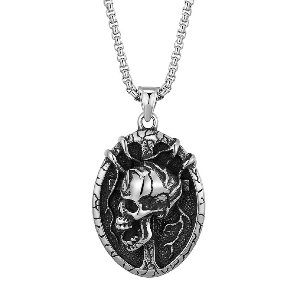 CuistonelfSkull Necklace for Men, Gothic Skull Necklace Viking Skull Head Pendant Necklace Punk Rock Demon Skull Charm Necklace Men’s Hip Hop Halloween Skull Necklace Jewelry Gift Father's Day