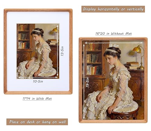 Image of 16x20 Picture Frame with Mat for 11x14, USA-Sourced Natural Teak Wood Handcrafted Rounded Corner with Plexiglass, Vertical or Horizontal Display Photo Gallery Poster Wall Mounting Frame