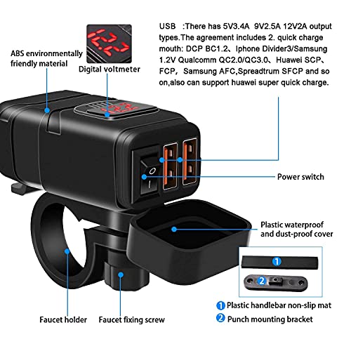 Image of Motorcycle USB Phone Charger, Waterproof 6.8A Dual Port QC3.0 Fast Charging, SAE USB Adapter, Voltmeter ON /Off Switch & Fuse for Phone,Tablet, Camera,GPS. (7 /8inch Handlebar, Red)