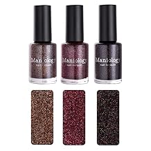 Maniology Tinseltown Semi-Sheer Glitter Nail Polish Set | 3-Piece Holiday Festive Colors Brown, Red, Black 13ml Bottles with Sparkling Finish for Glitz & Glam Nail Art Designs & DIY Manicures