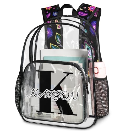 Personalized Paisley Floral Boho Large Clear Backpack Stadium Approved Heavy Duty PVC Plastic Custom Transparent Backpacks See Through Bag with Name