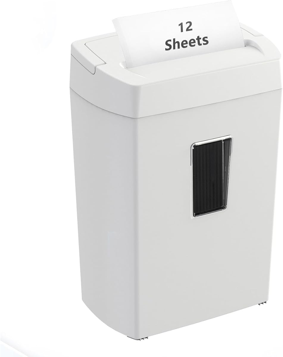 Bonsaii Trituradora de papel transversal de 12 hojas para oficina en casa, seguridad P-4, tiempo de funcionamiento continuo de 5 minutos, protección contra sobrecalentamiento, contenedor de 5.5 galones con ventana transparente y asa, diseño compacto blanco