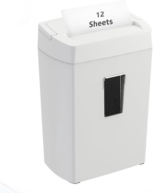 Bonsaii Trituradora de papel transversal de 12 hojas para oficina en casa, seguridad P-4, tiempo de funcionamiento continuo de 5 minutos, protección contra sobrecalentamiento, contenedor de 5.5 galones con ventana transparente y asa, diseño compacto blanco