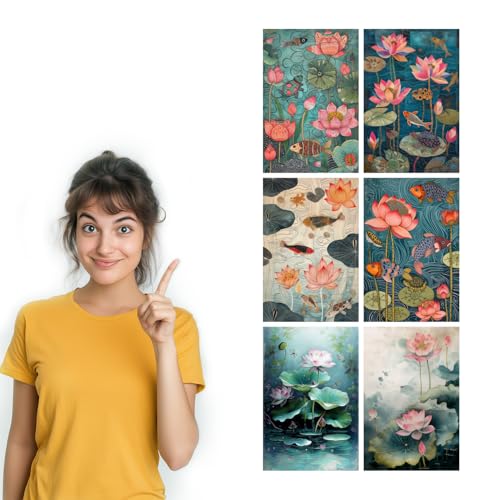 Image of SiddArtify Lotus Pond Wall Art Poster Print Set - Botanical Fish Turtle Decor for Living Room Bedroom Office - 12x18 inch Board Pack of 6