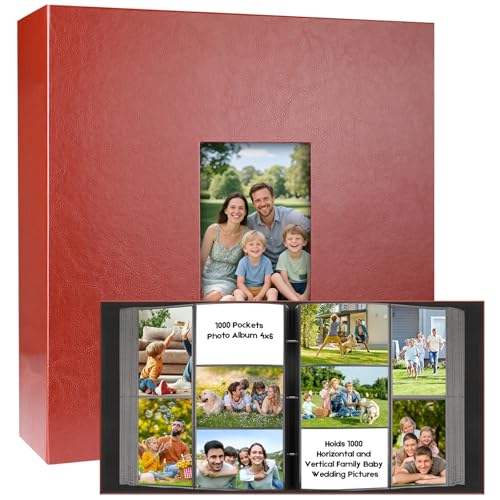 Álbum de fotos de 1000 bolsillos, cubierta de piel de 4 x 6 pulgadas, capacidad extra grande para 1000 fotos horizontales y verticales, páginas antiadherentes sin ácidos con ventana frontal, perfecto