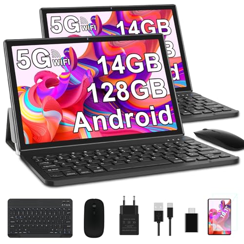 SUAAT - Tablet Android de 10 pulgadas con 14 GB RAM + 128 GB ROM (2 TB TF), 5 G/2,4 G, WiFi, Quad-Core, GPS, Bluetooth 5.0, 8 MP + 5 MP, tipo C, tableta táctil con funda, teclado y ratón, color negro