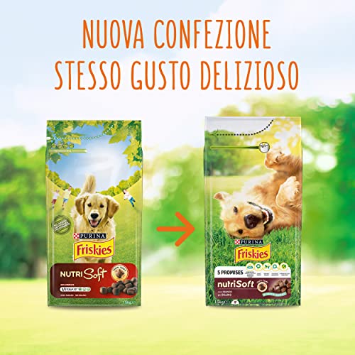 PURINA FRISKIES Nutri Soft 5 Versprechen Trockenfutter für Erwachsene Hunde mit Rind, 6 Beutel à 1,5 kg