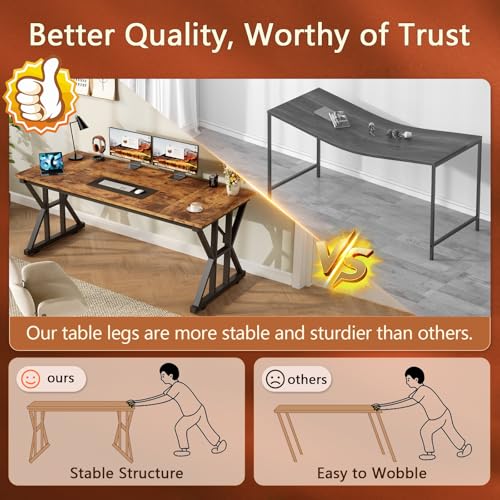 Image of 55 inch Large Computer Desk with Thickened Frame for Home Office, Living Room | Modern Simple Executive Desk, Larger Gaming Desk with X-Shaped ReInchforcement, Rustic Brown