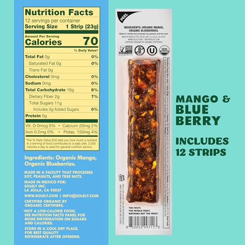 Image of SOLELY - Organic Mango Blueberry Fruit Jerky - 12 Individually Wrapped Strips - Fruit Leather Made from Dried Fruit - Healthy Snacks for Adults & Kids - Non GMO, Vegan Snacks - 0.8oz (23g)