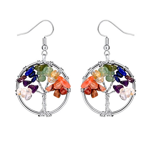 Earrings for Women Statement Drop Dangling Fashion Piercing Surgical Steel Silver Color Wire Wrapped Wisdom Ancient Round Colorful Birthstone Gemstone Chakra Tree of Life Earrings